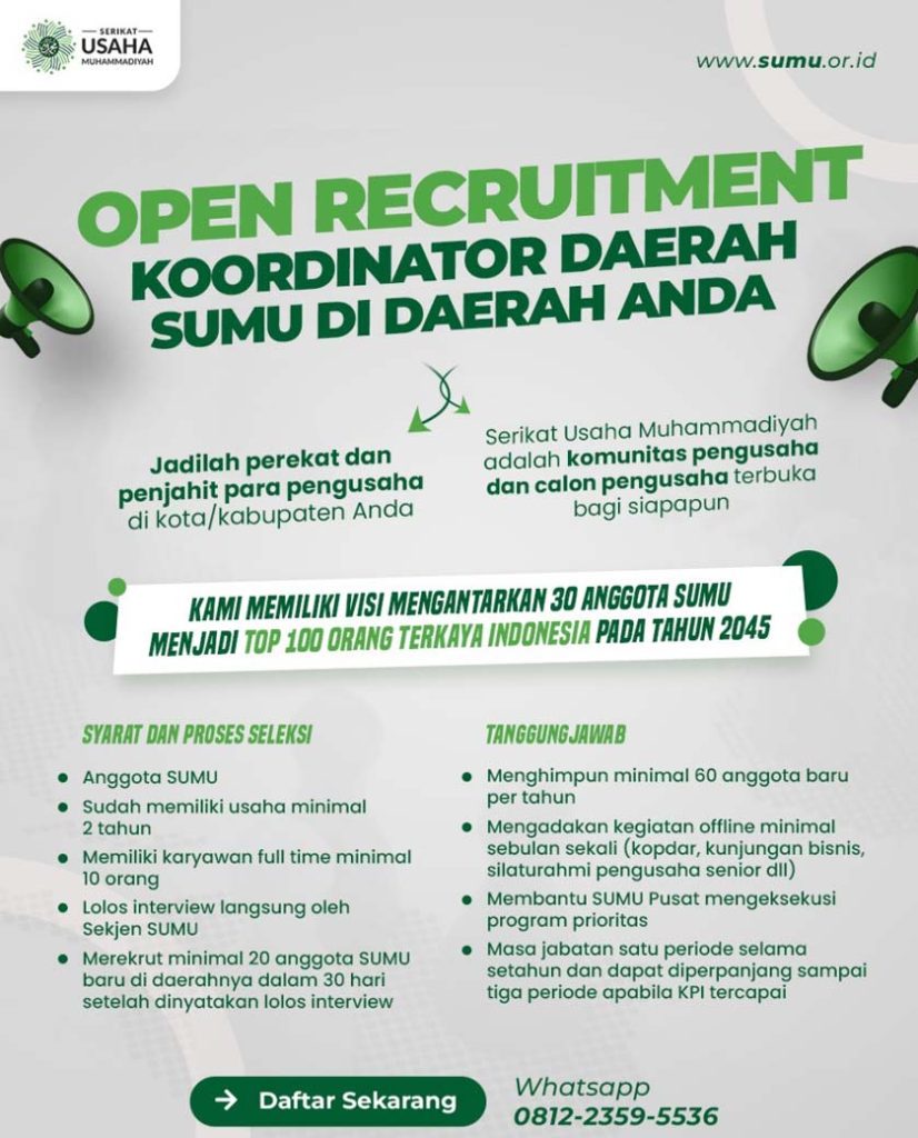 Open Recruitment Koordinator Daerah Serikat Usaha Muhammadiyah (SUMU), Yuk Gabung! CirebonMU